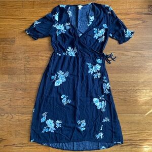 Navy Floral Patterned Faux Wrap Midi Sun Dress